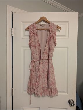 AllSaints Pink Floral Wrap Mini Dress with Ruffle Trim